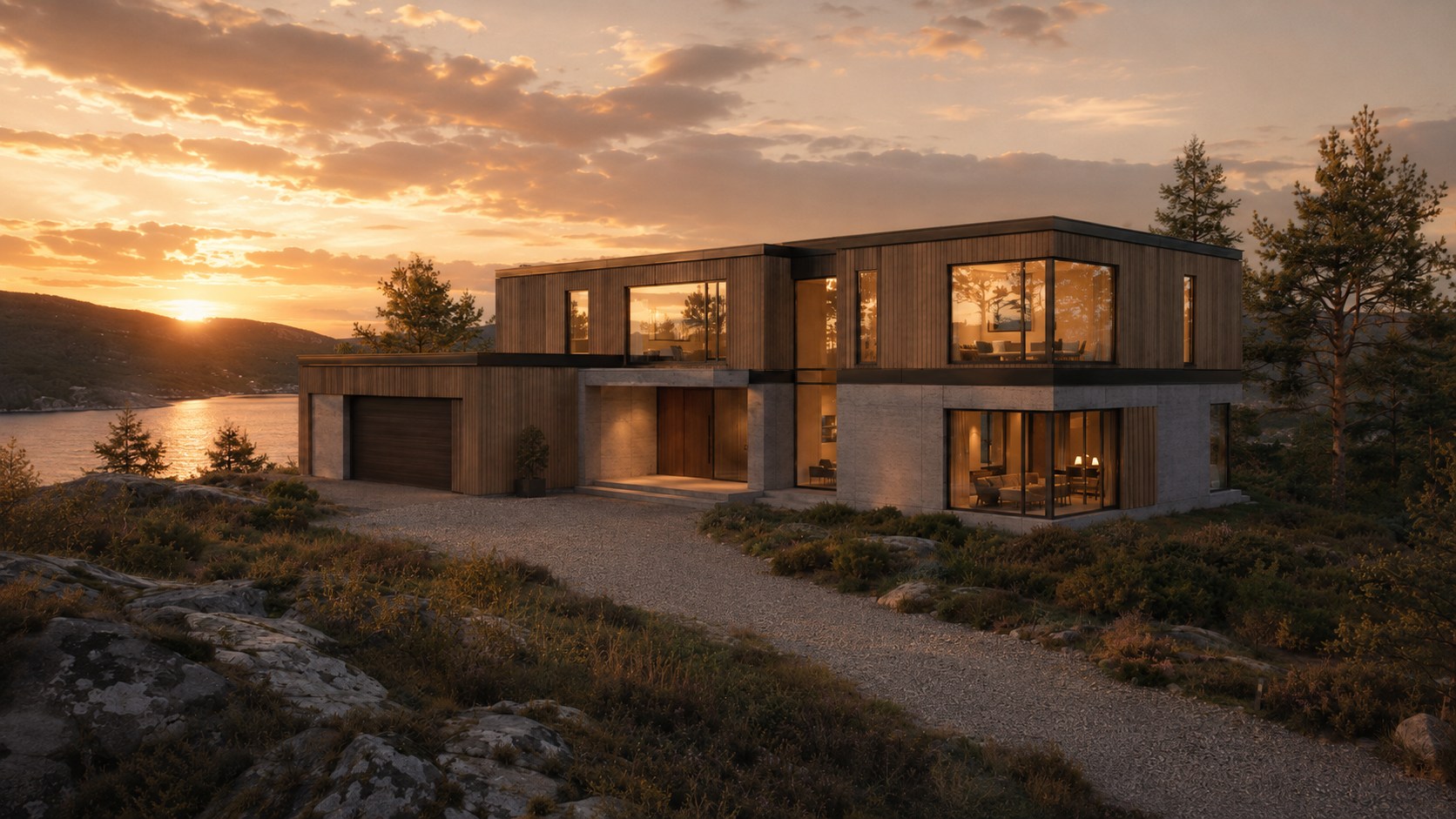 Moderne enebolig i skumringslys